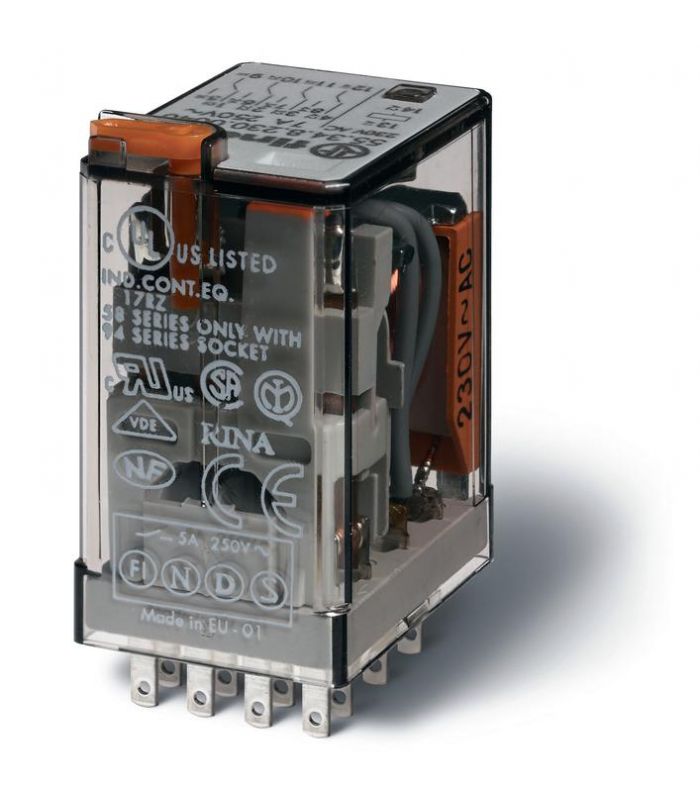 Реле миниатюрное универсальное электромеханич. монтаж в розетку 4CO 7А AgNi 36В AC RTI опции: кнопка тест + мех.индикатор FINDER 553480360040
